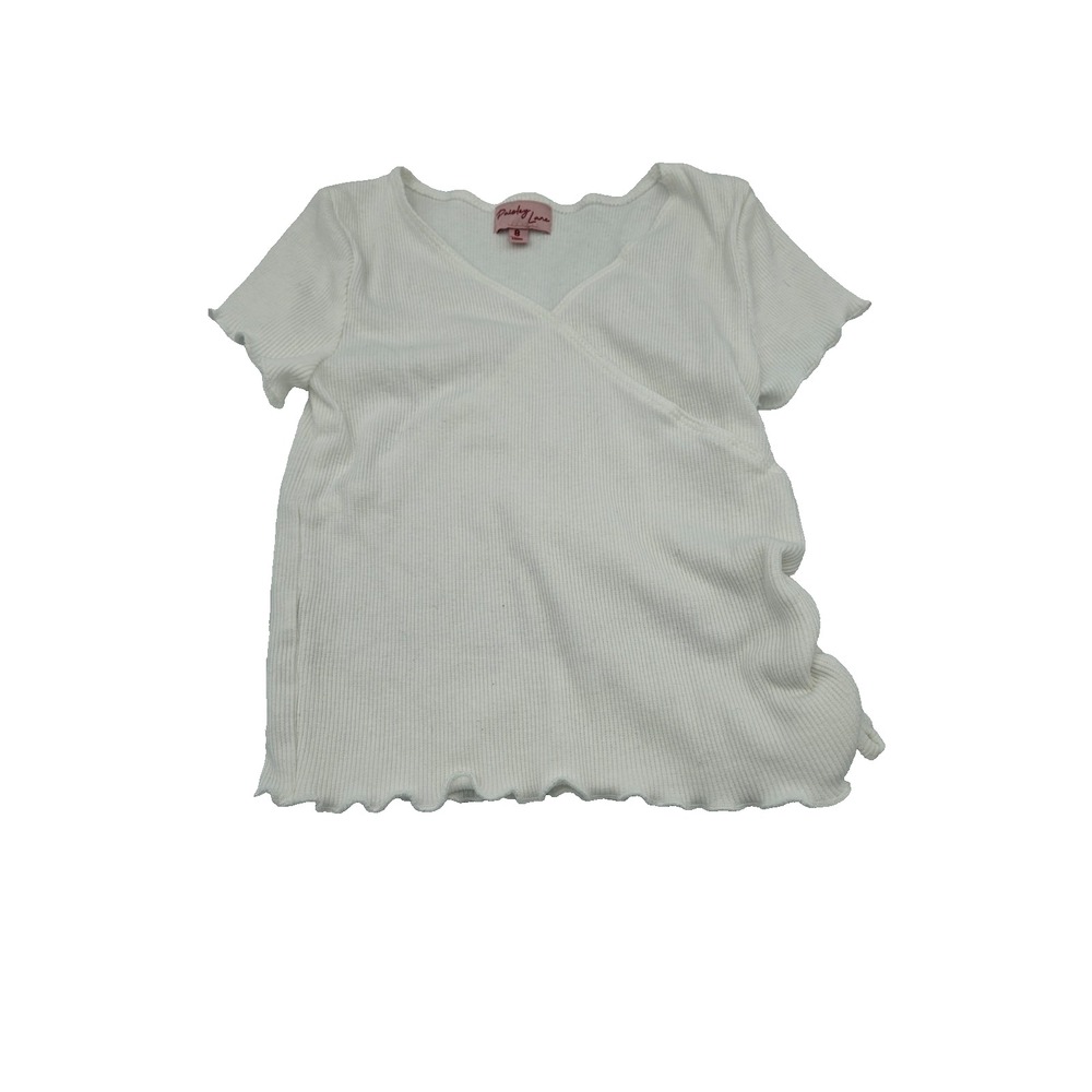 Paisley Lane Girls Ribbed Wrap‎ Top Size 8 White Short Sleeve Lettuce Hem